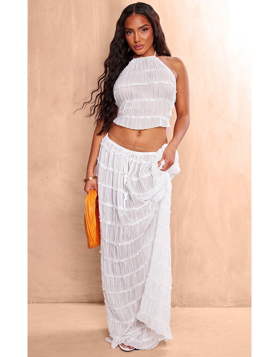 White Chiffon Ruched Halterneck Longline Top