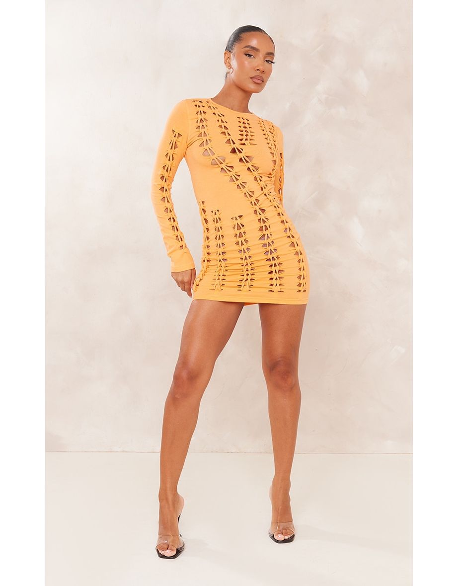 Orange Jersey Lattice Long Sleeve Bodycon Dress