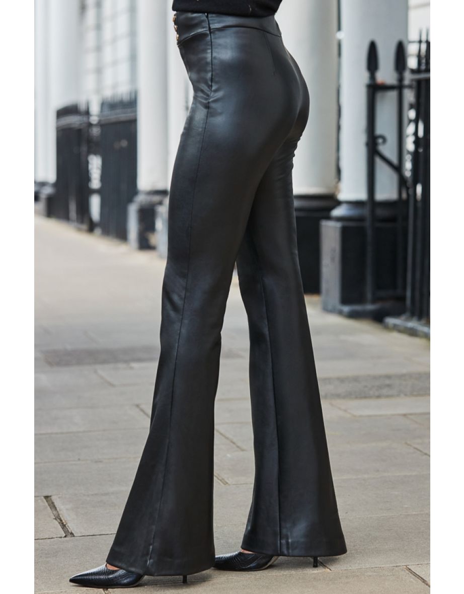 Black Button Detail Flared Faux Leather Trousers - 4