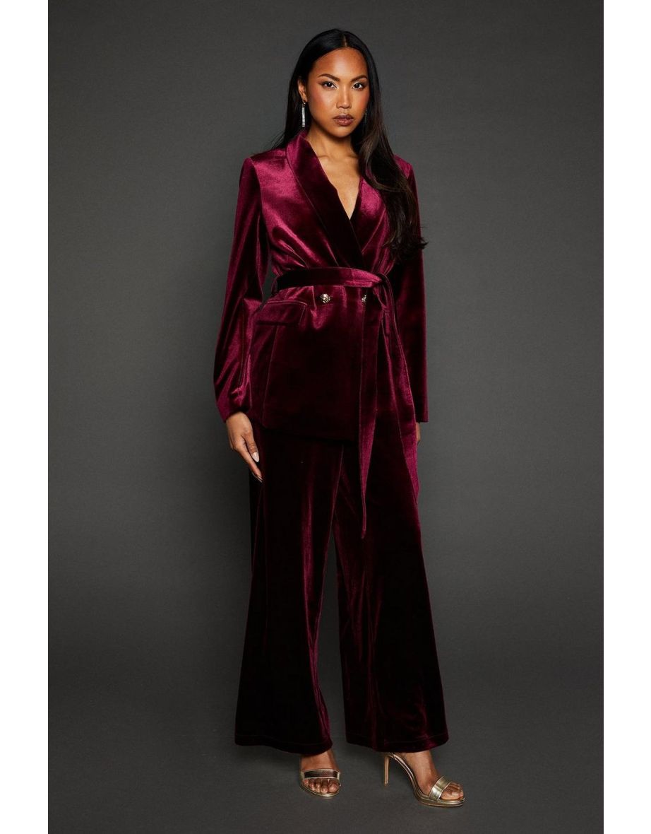Velvet Belted Blazer - burgundy