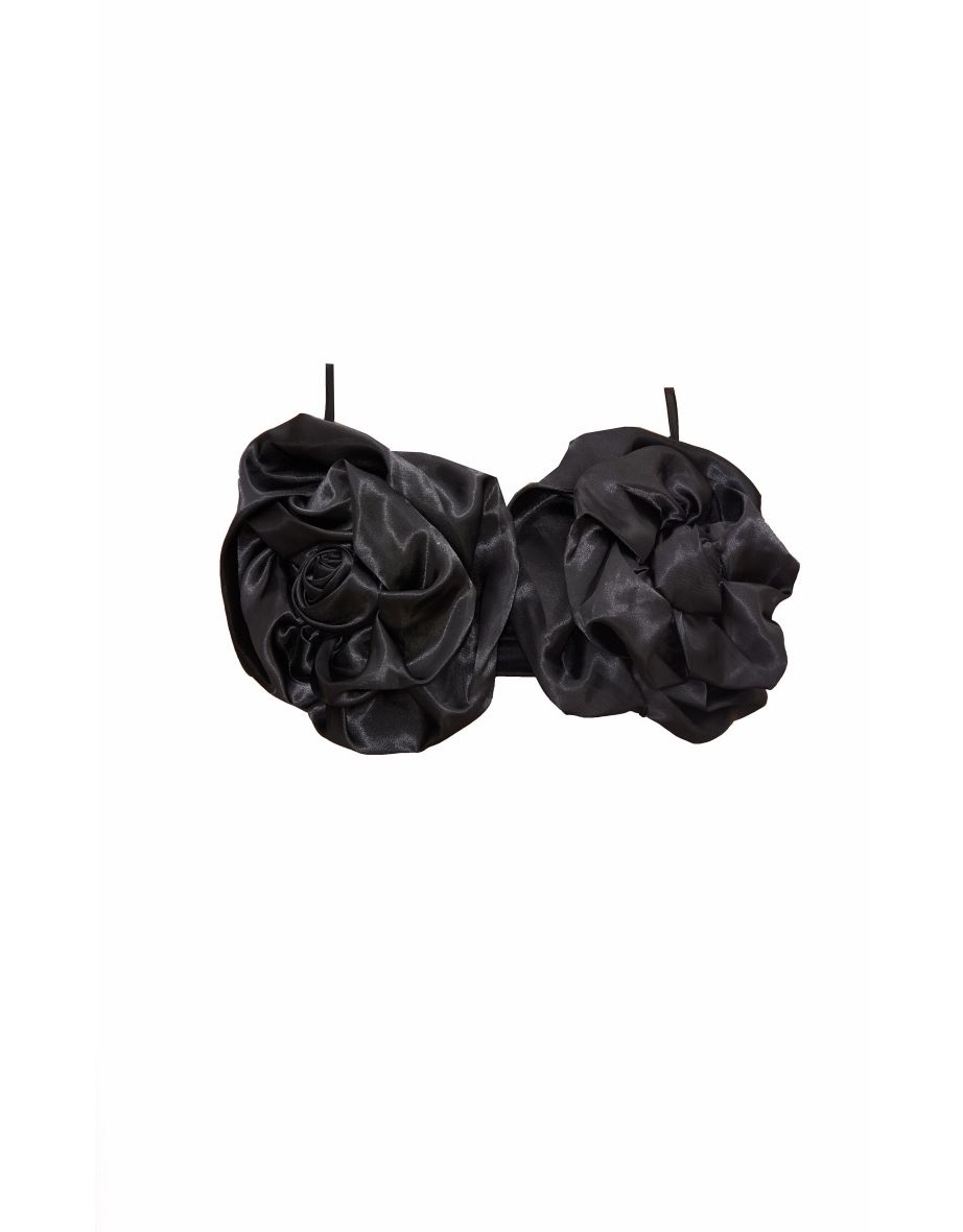 Black Satin Oversized Applique Flower Bralette - 4