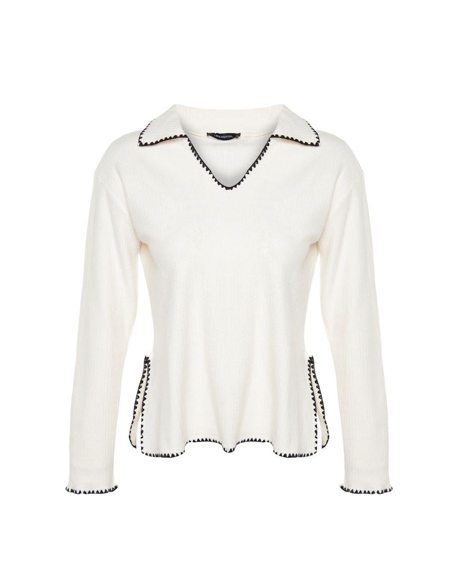 Ecru Crochet Embroidery Detailed Corduroy Shirt Collar Regular Fit Knitted Blouse . - 7