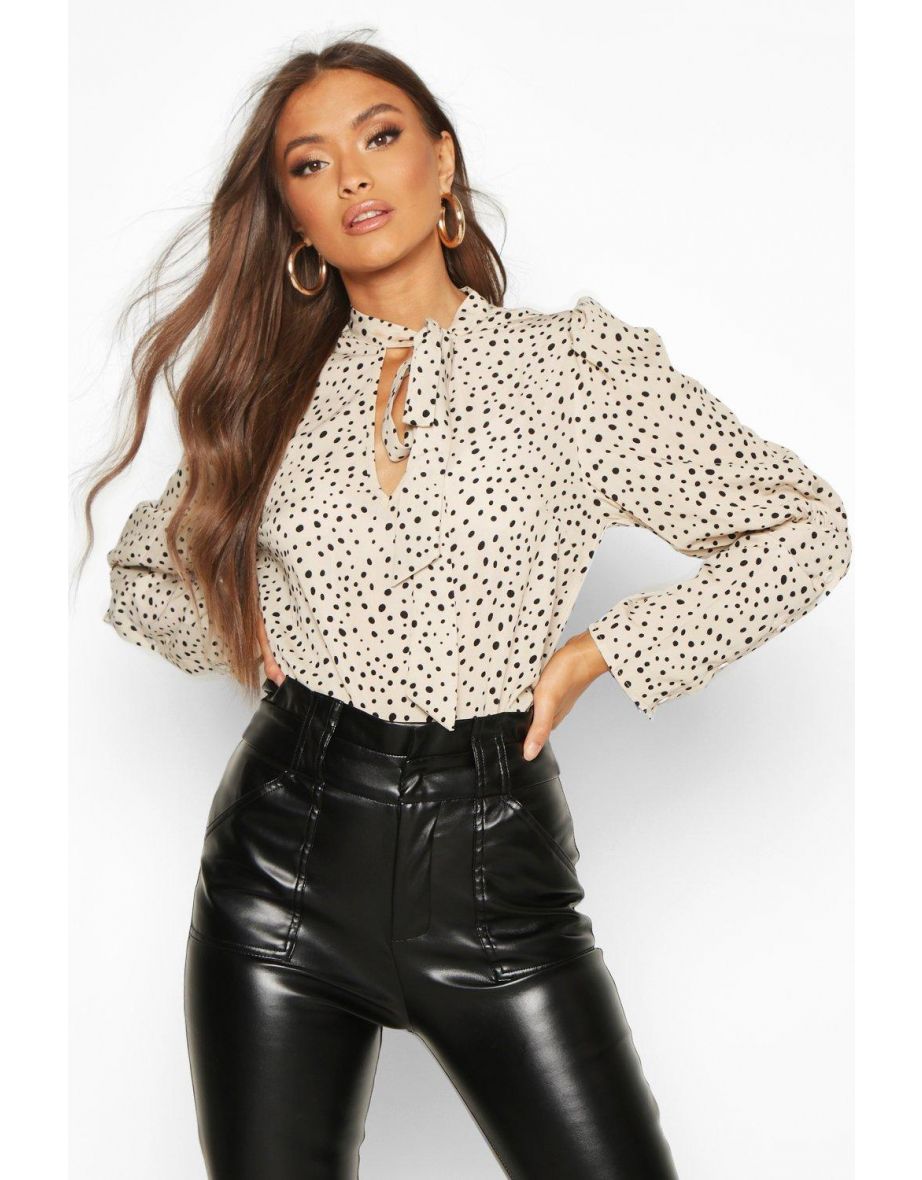 Spot Print Puff Sleeve Blouse - black - 3