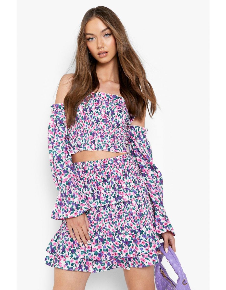 Floral Bardot Crop & Mini Skirt - white