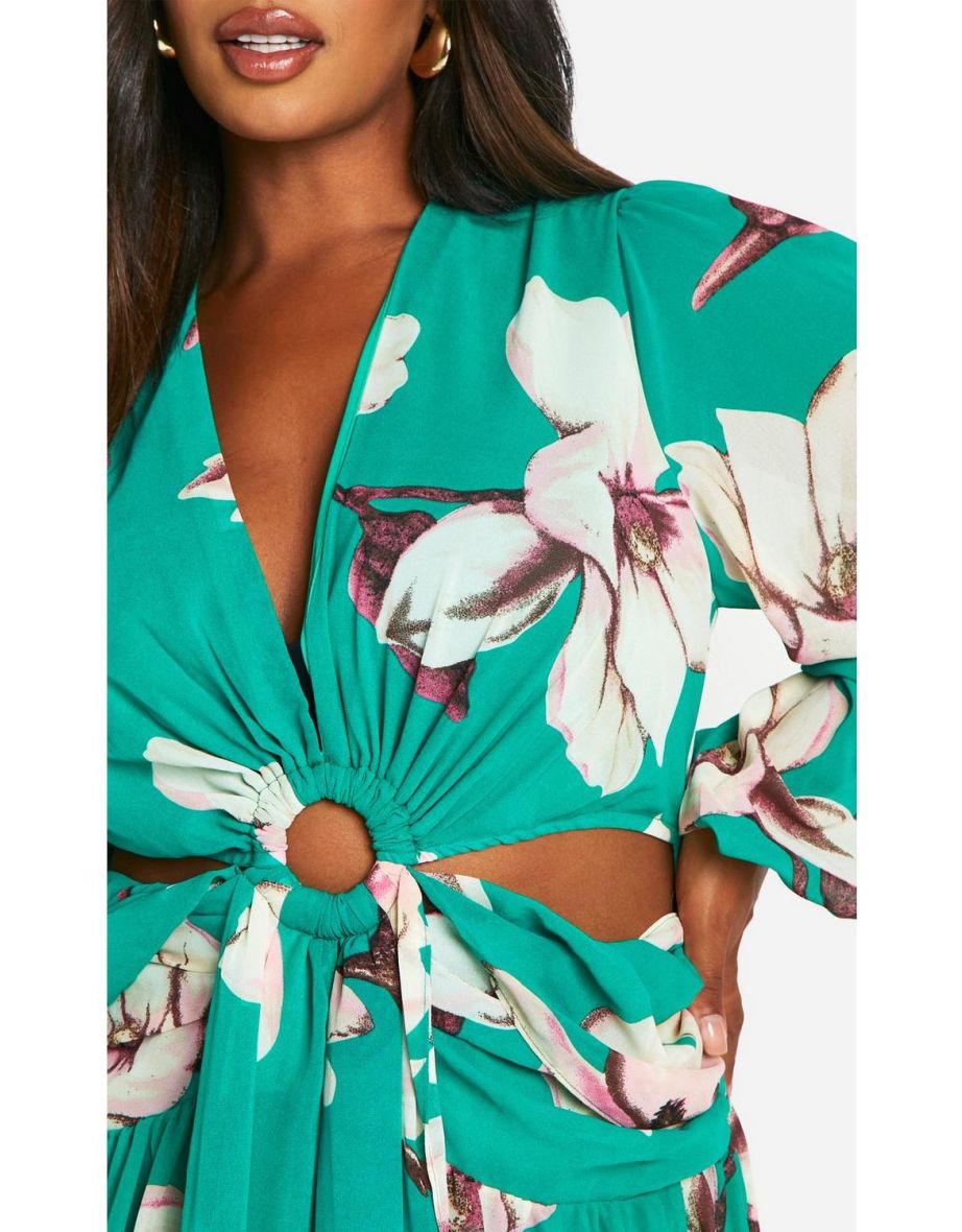 Plus Large  Floral Print Cut Out Maxi Dress - 3