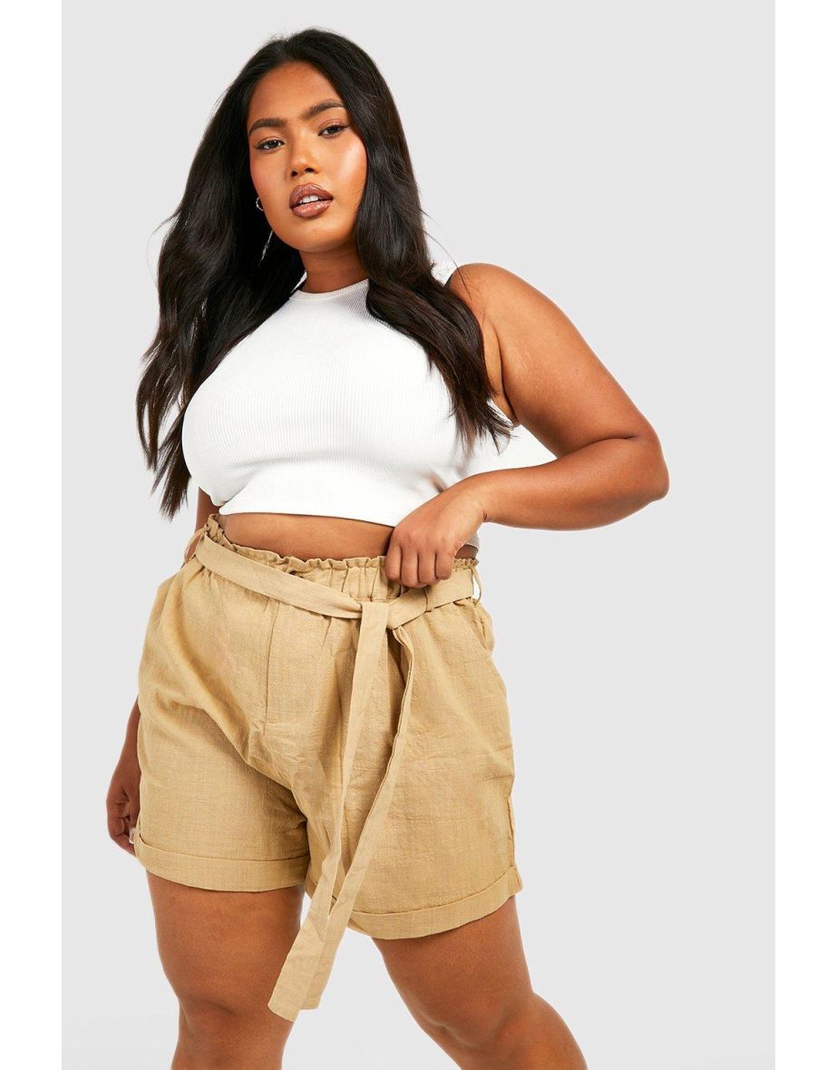 Plus Self Fabric High Waisted Linen Shorts - sand
