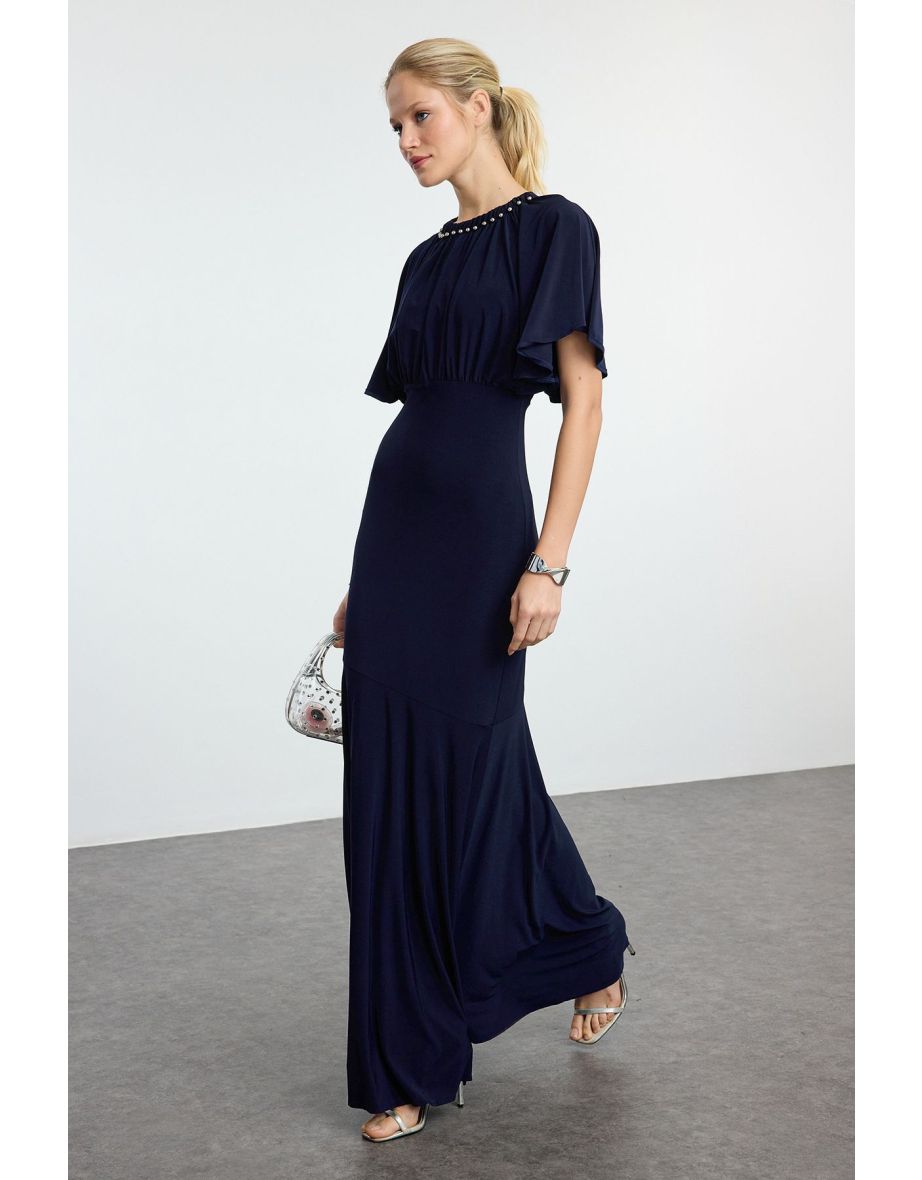 Navy Blue Plain Regular Unlined Knitted Evening Dress & Graduation Dress