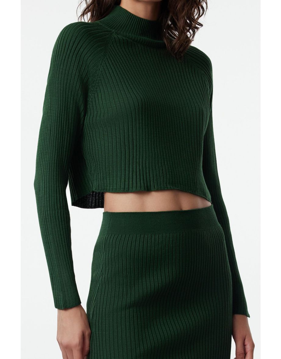 Emerald Green Crop Basic Skirted Knitwear Top-Bottom Set - 4