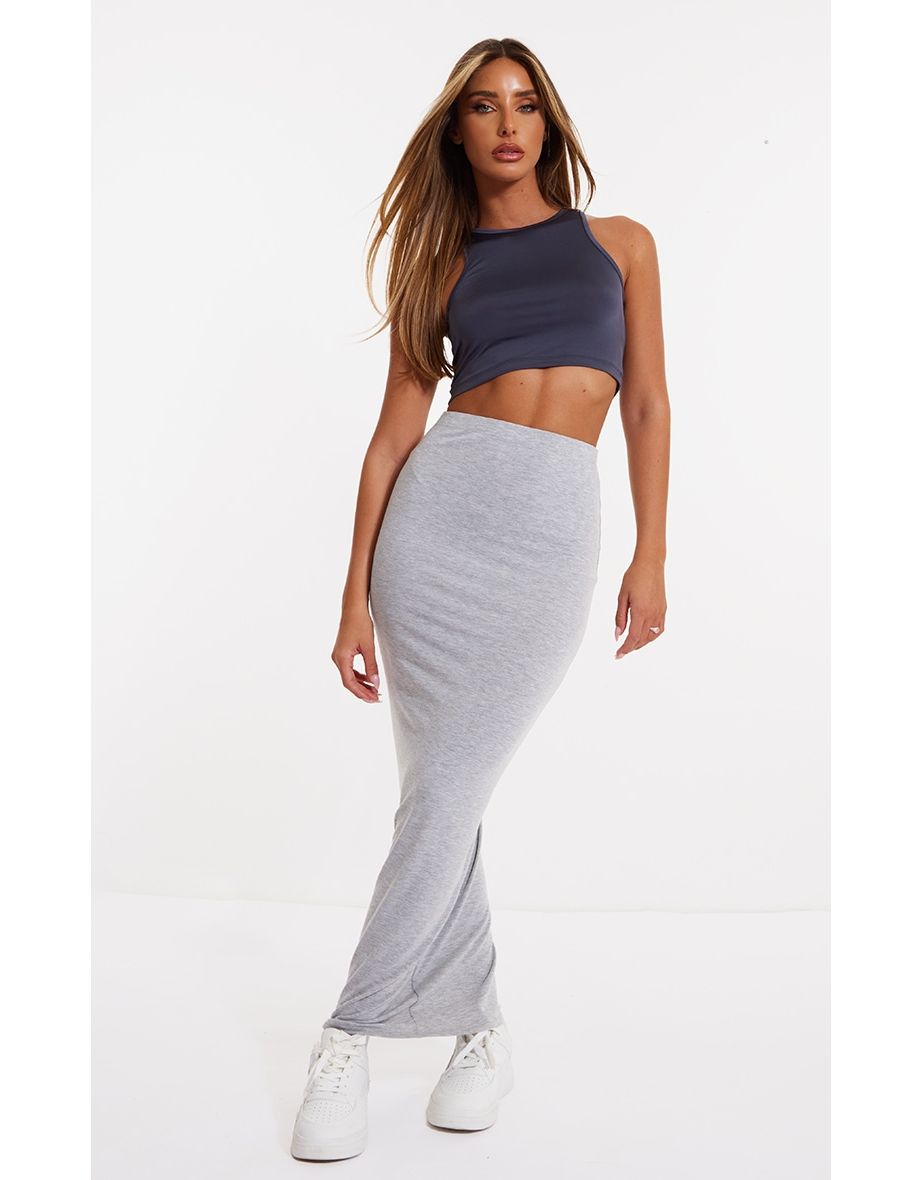 Ash Grey Jersey Low Rise Maxi Skirt