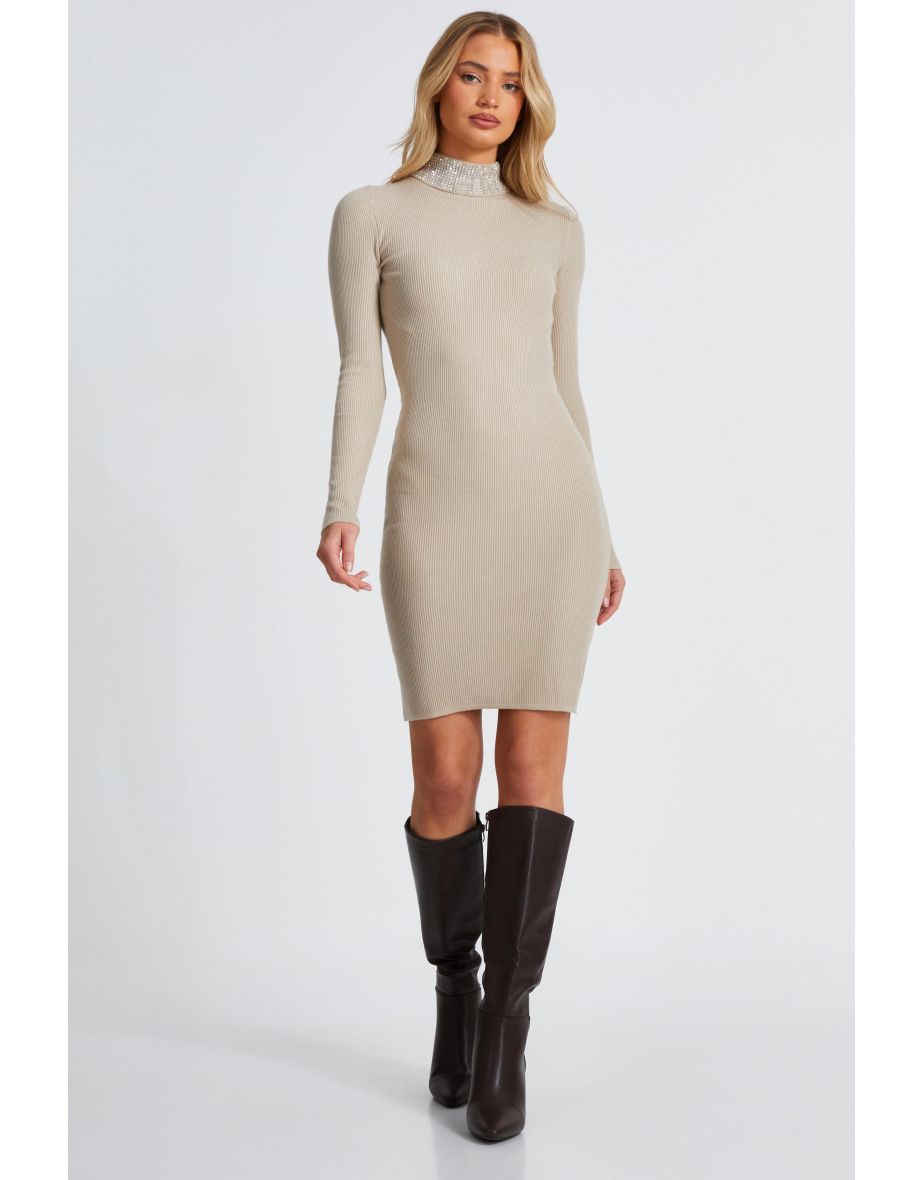 Stone Diamante Roll Neck Dress