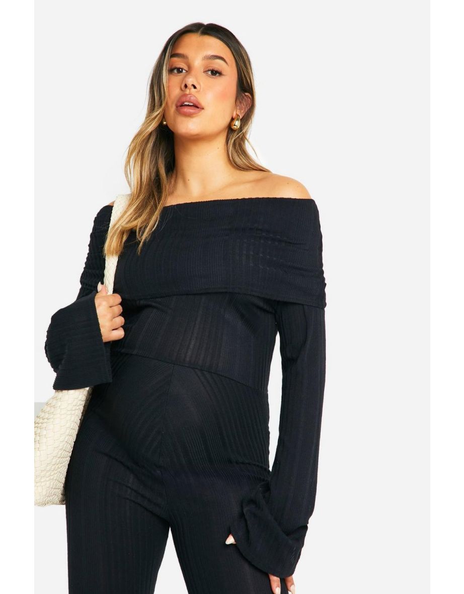 Maternity Textured Deep Bardot Off The Shoulder Long Sleeve Flared Jumpsuit - black - 3