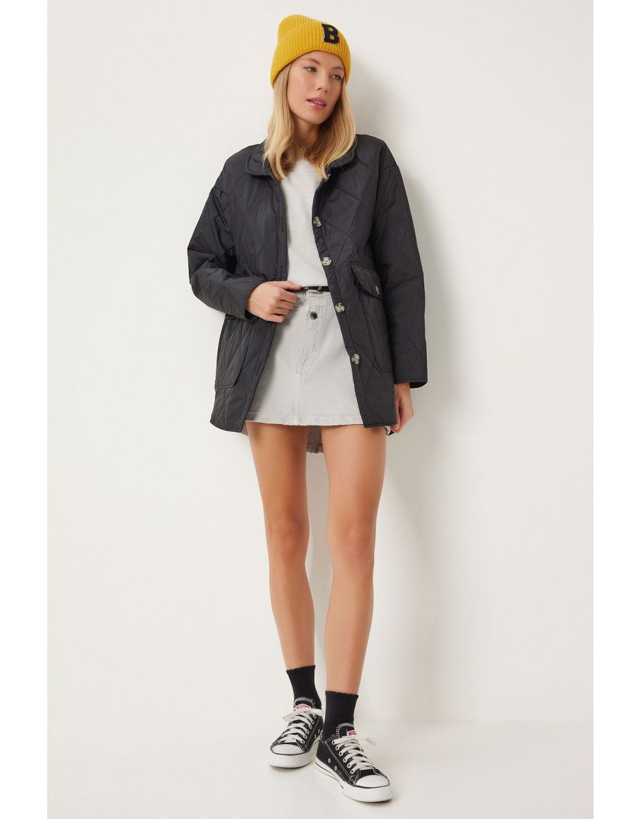 Women's Black Pocket Oversize Quilted Jacket