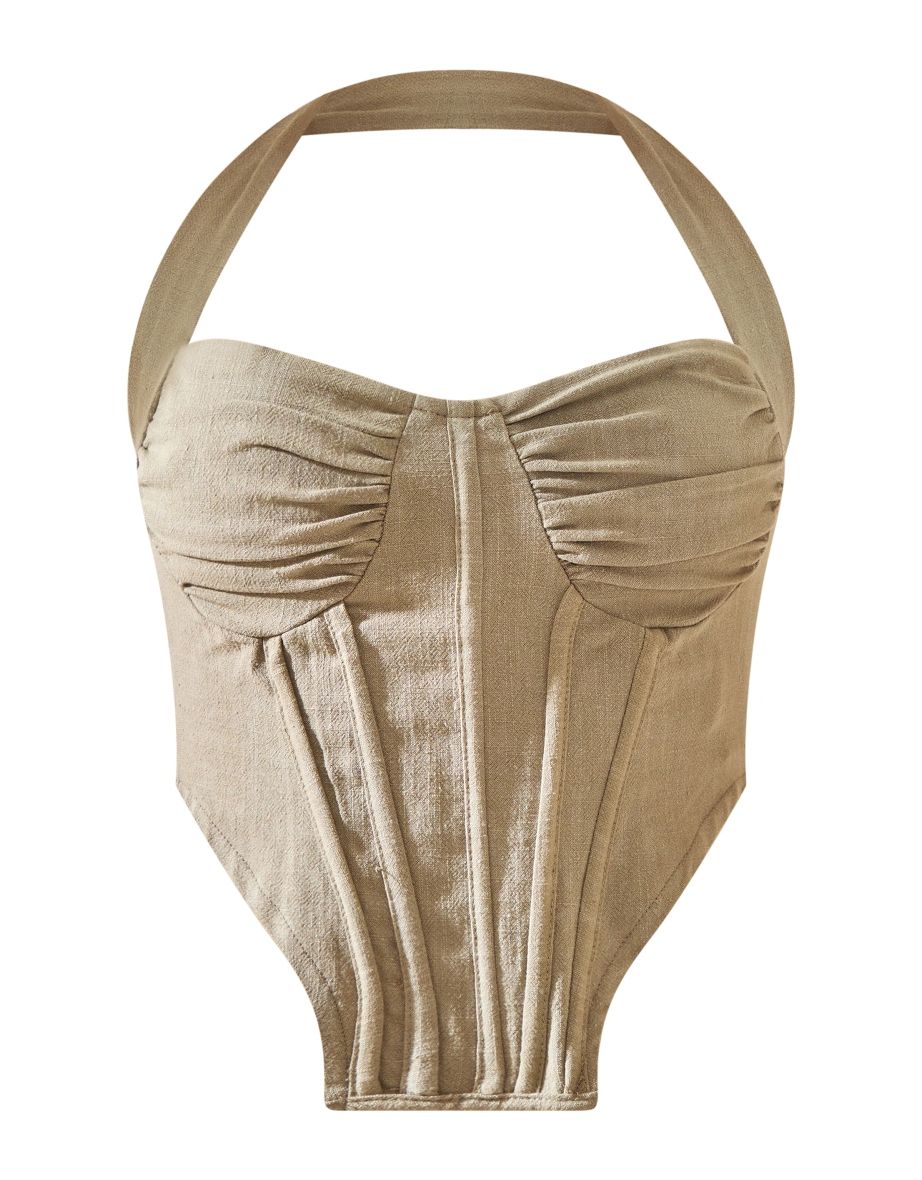Khaki Linen Look Ruched Bust Halter Neck Corset Top - 4