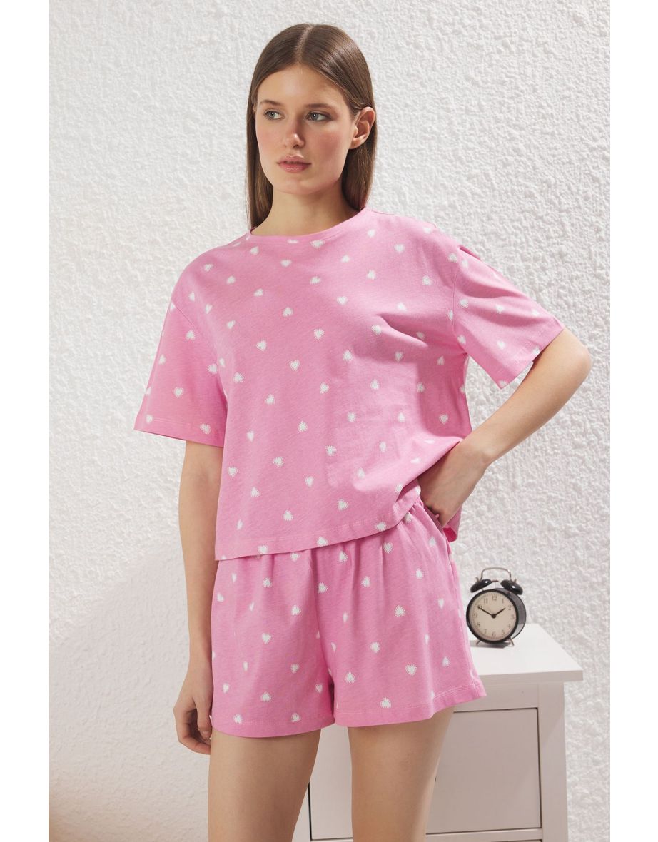 Pink 100% Cotton Heart Shorts Knitted Pajama Set
