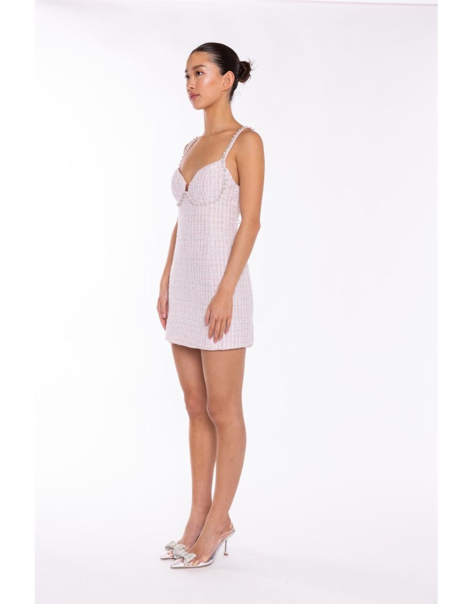 Pink-White Tweed Diamante Trim Mini-Dress - 3