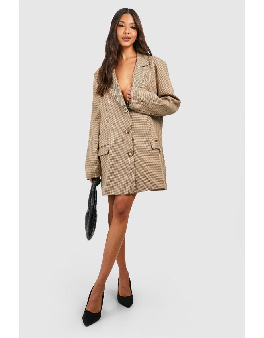 Oversized Single Breasted Check Blazer Dress - brown
