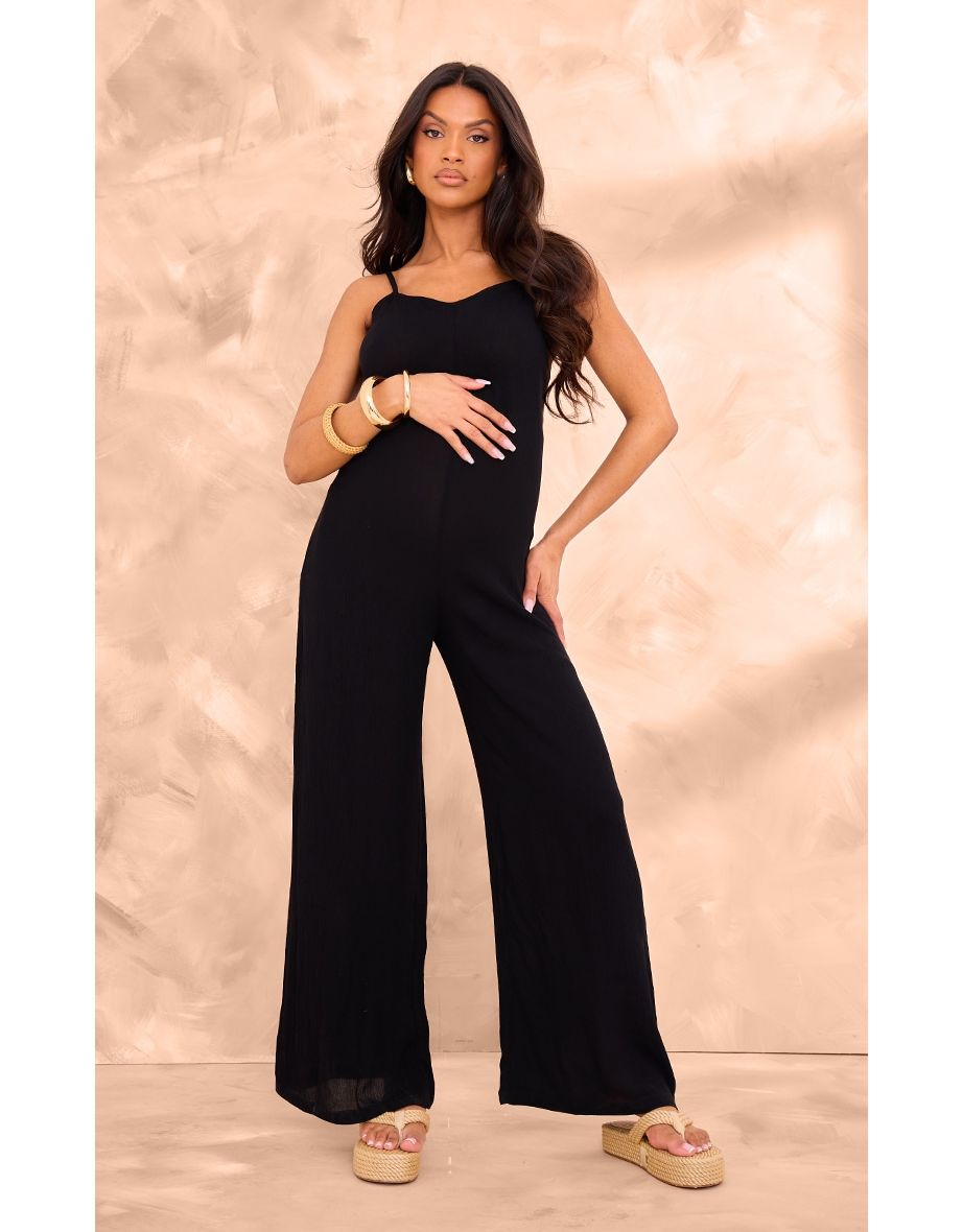 Shop Maternity Black Cami Strap Linen Wide Leg Jumpsuit Online in Qatar VogaCloset