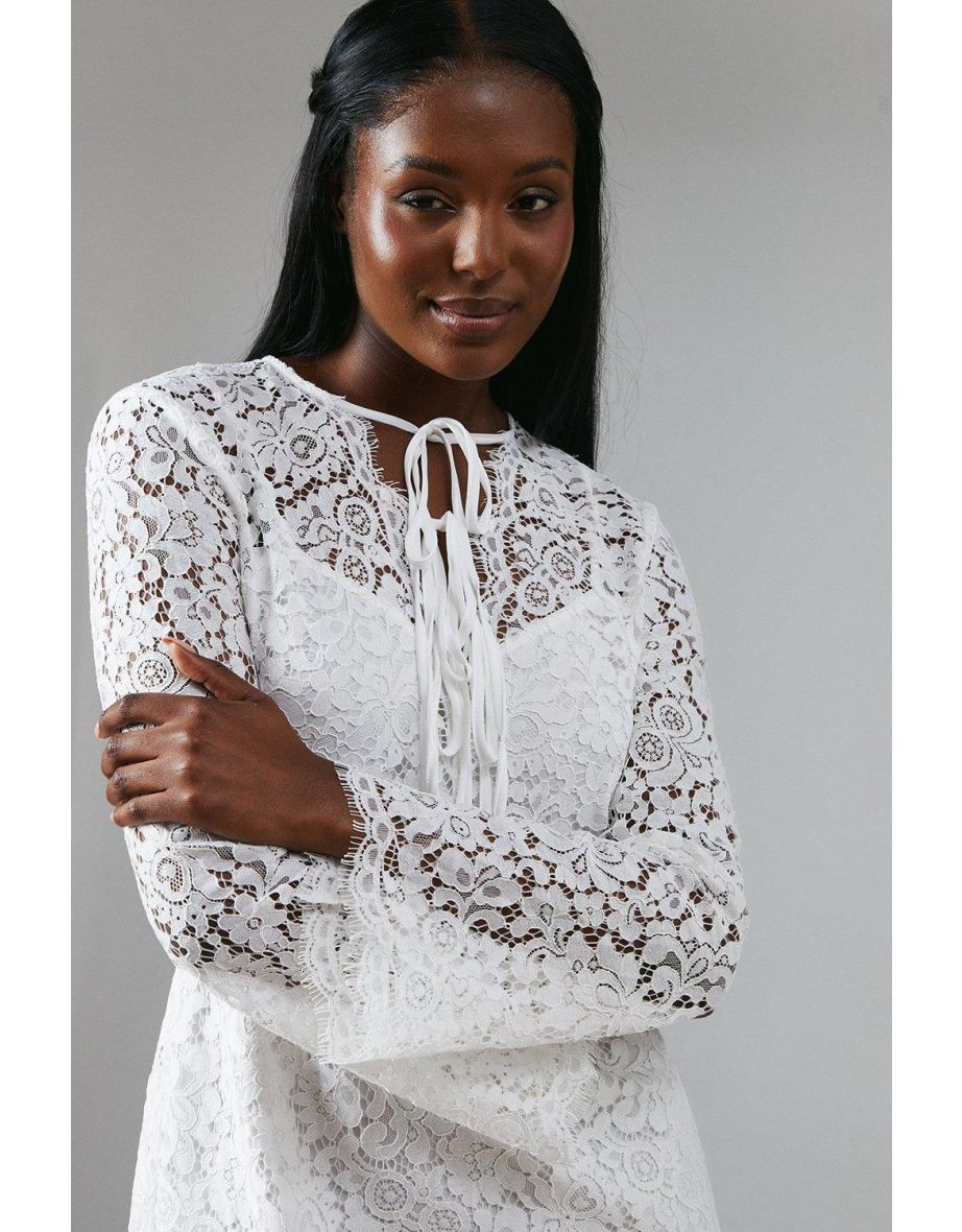 Flute Sleeve High Neck Lace Bridal Mini Dress - White - 3