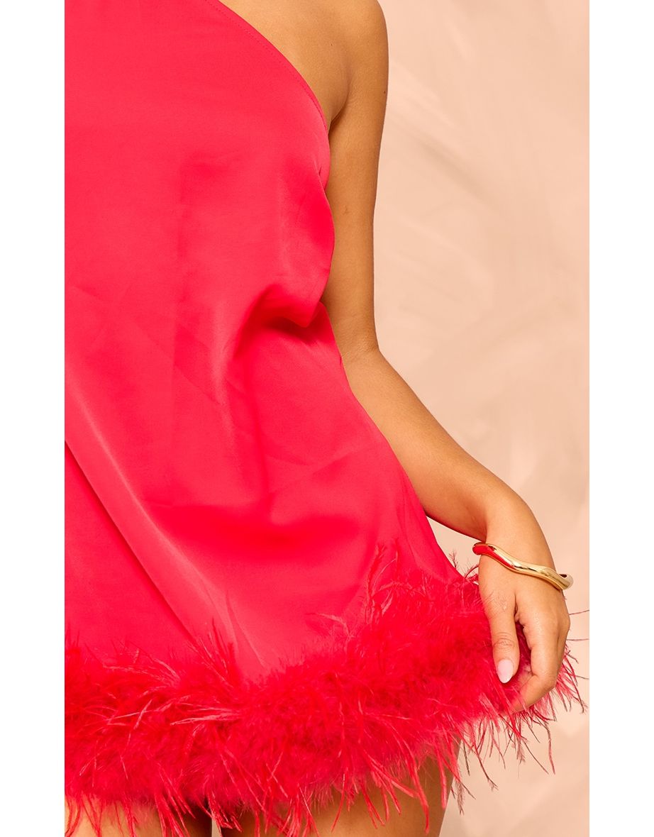 Petite Red Chiffon Halterneck Fur Trim Mini Dress - 3