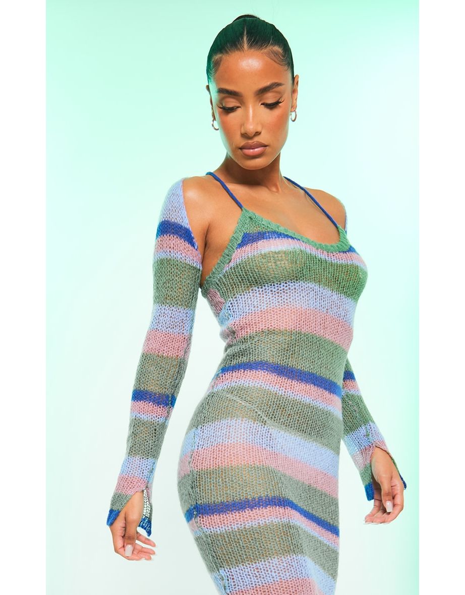 Blue Stripe Open Knit Maxi Dress & Sleeves - 2