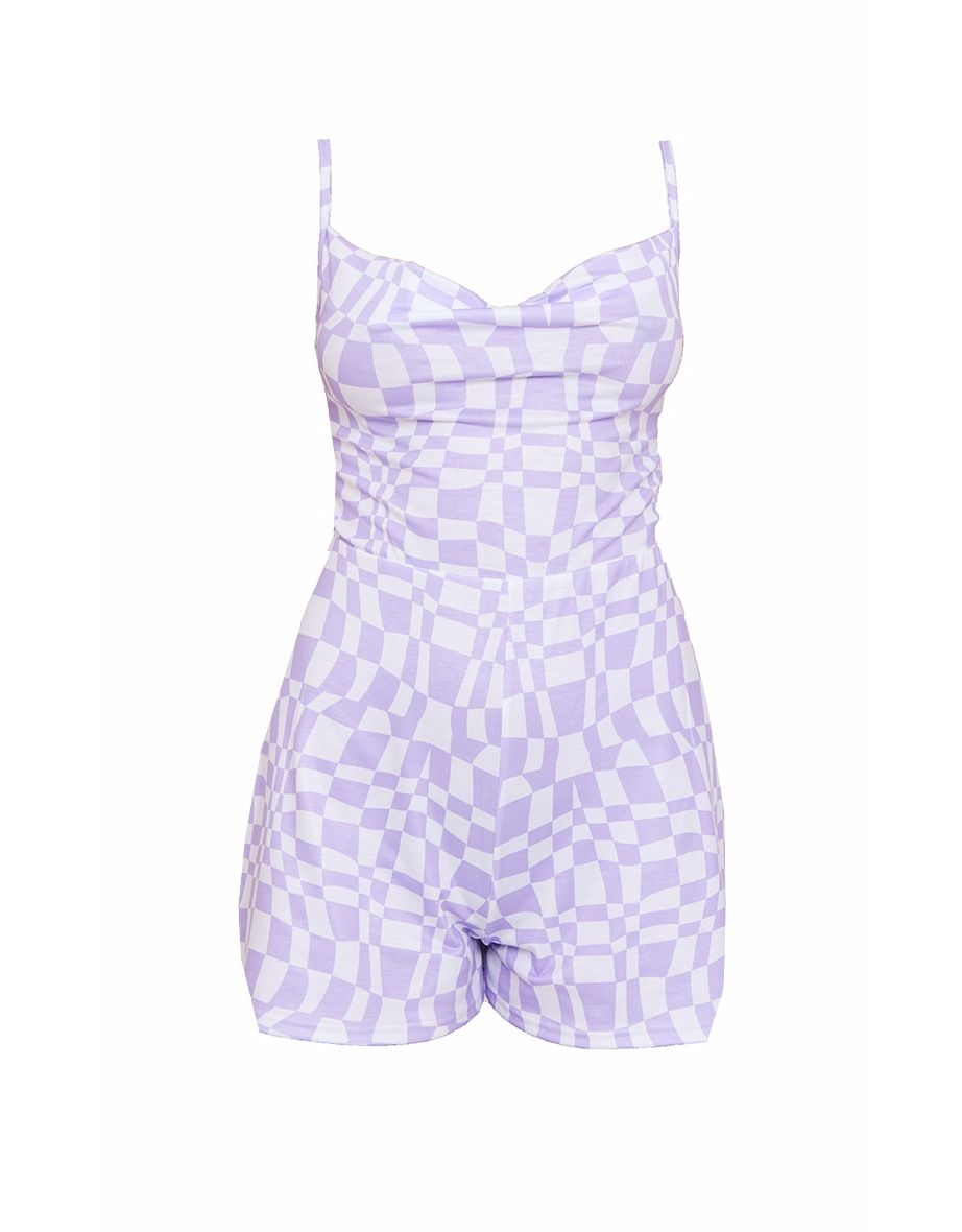 Lilac Abstract Check Cowl Neck Playsuit - 4
