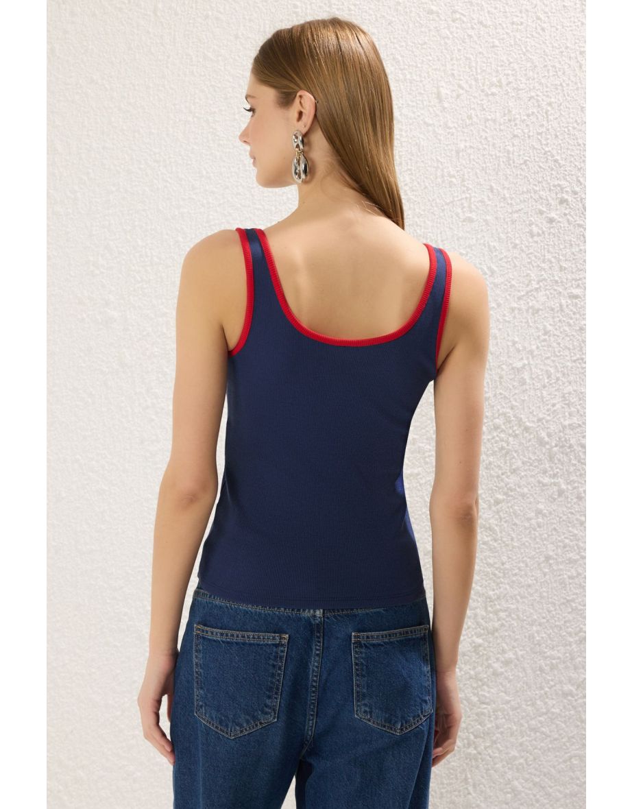 Navy Blue Color Block Fitted/Body Fitted Pool Collar Elastic Knitted Tank Top - 3
