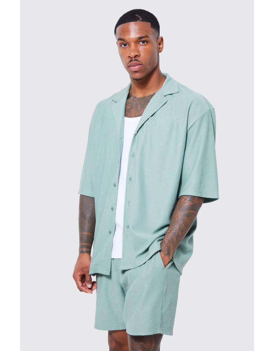 Short Sleeve Drop Revere Ribbed Shirt And Short Set - sage - 2