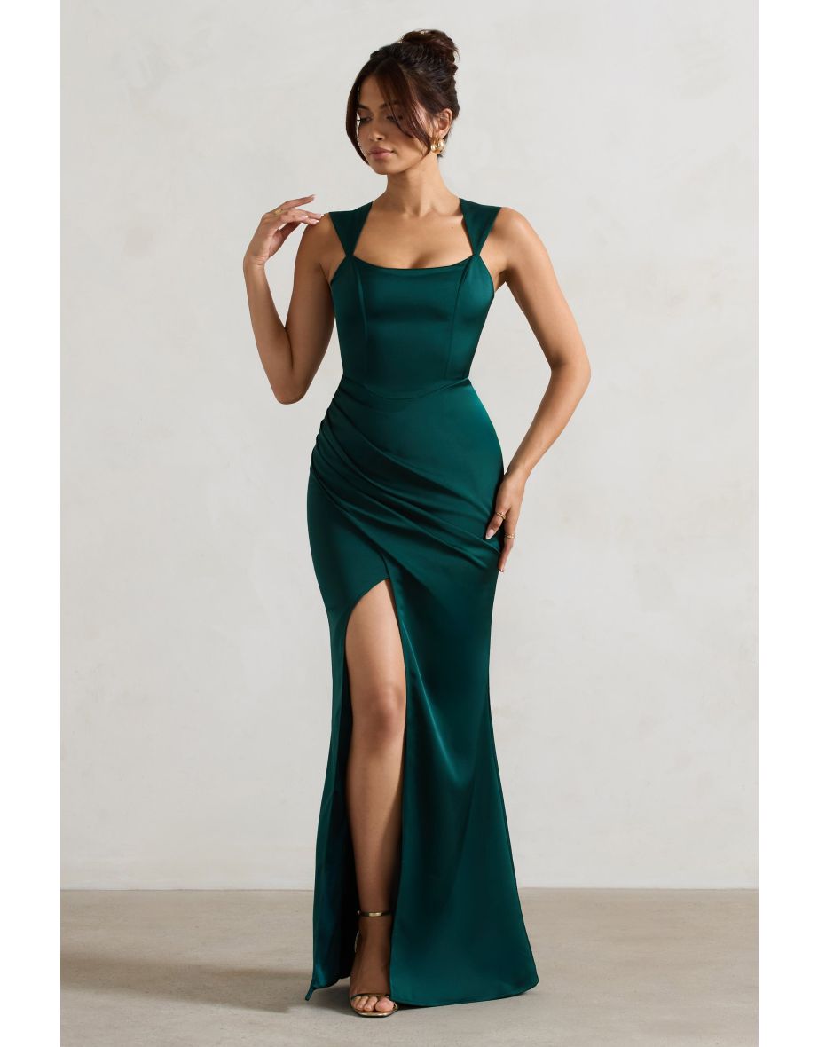 A Romantic | Bottle Green Satin Corset Wrap Floor Length Dress