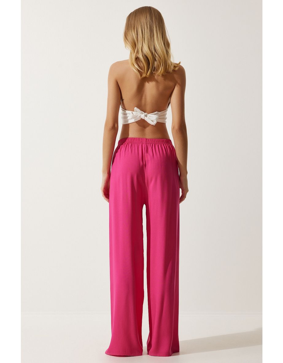 Women's Fuchsia Flowy Knitted Palazzo Trousers - 6