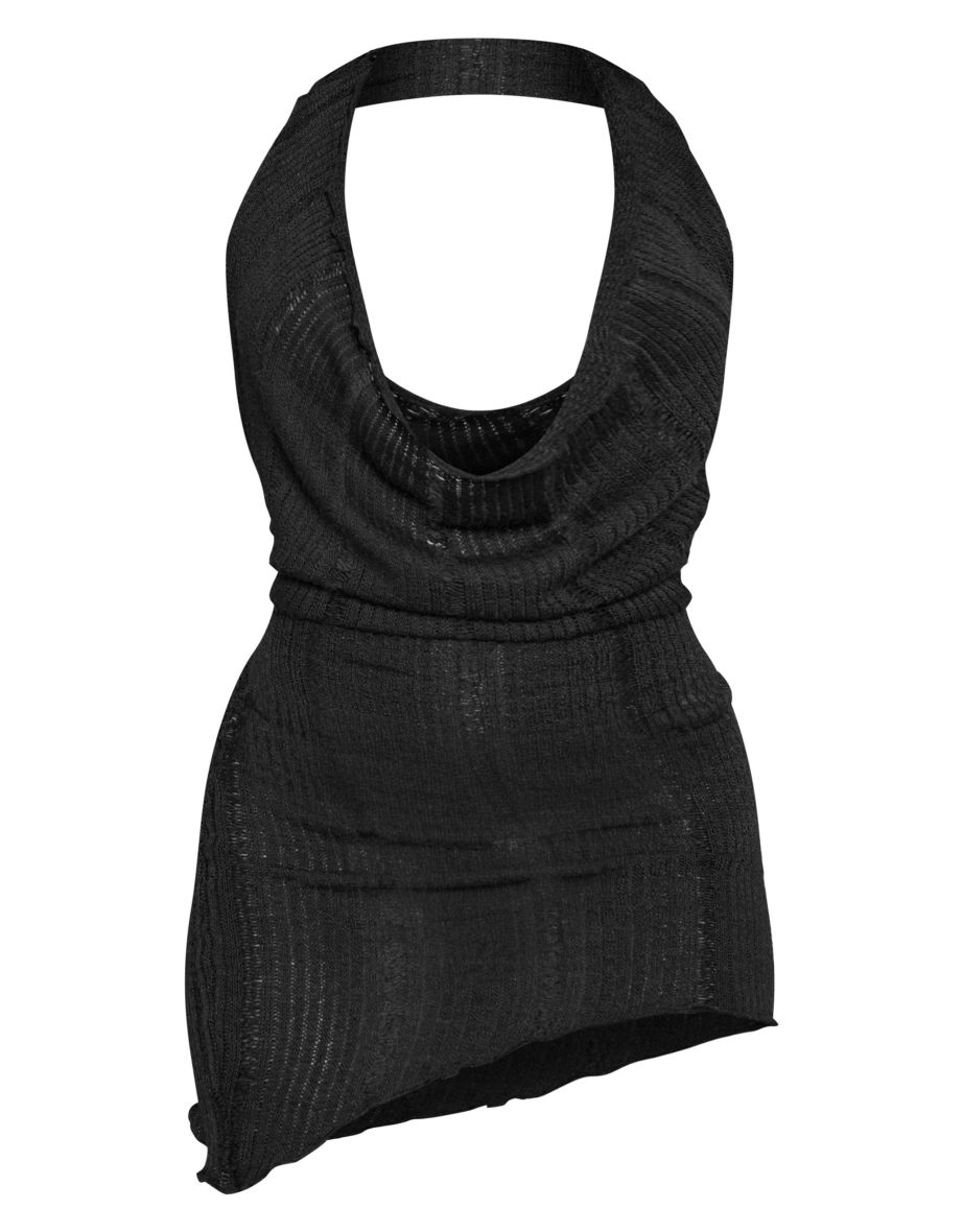 Black Textured Sheer Halter Neck Cowl Neck Mini Dress