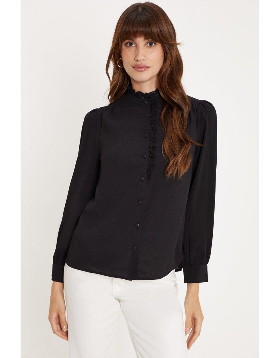 Ruffle Lace Trim Long Sleeve Blouse