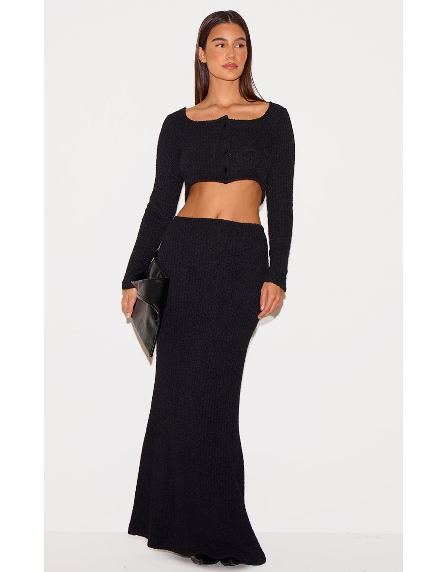 Black Textured Soft Rib Mid Rise Maxi Skirt