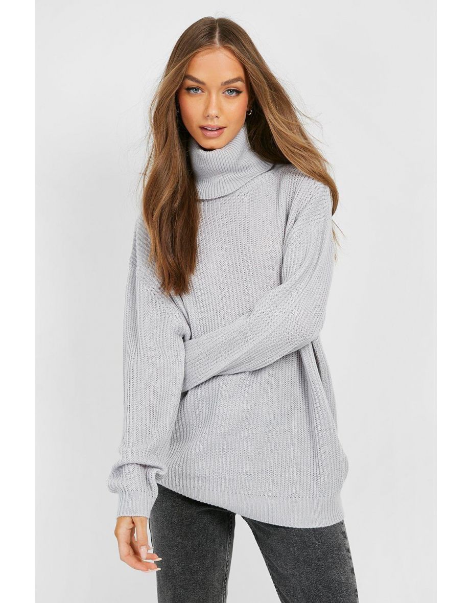 Oversized Roll Neck Rib Knitted Jumper - silver