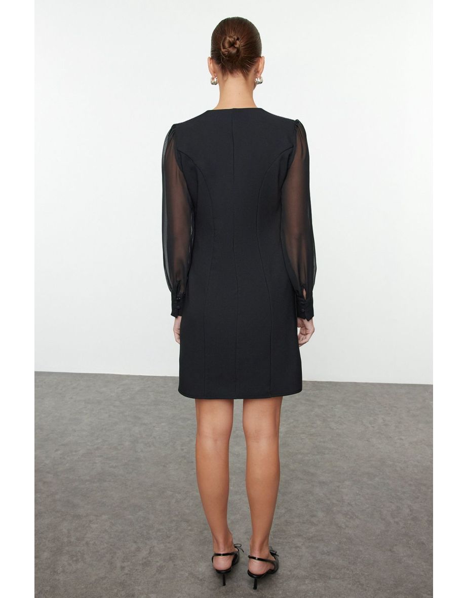 Black Belted Chiffon Sleeve Detailed Mini Woven Jacket Dress - 3