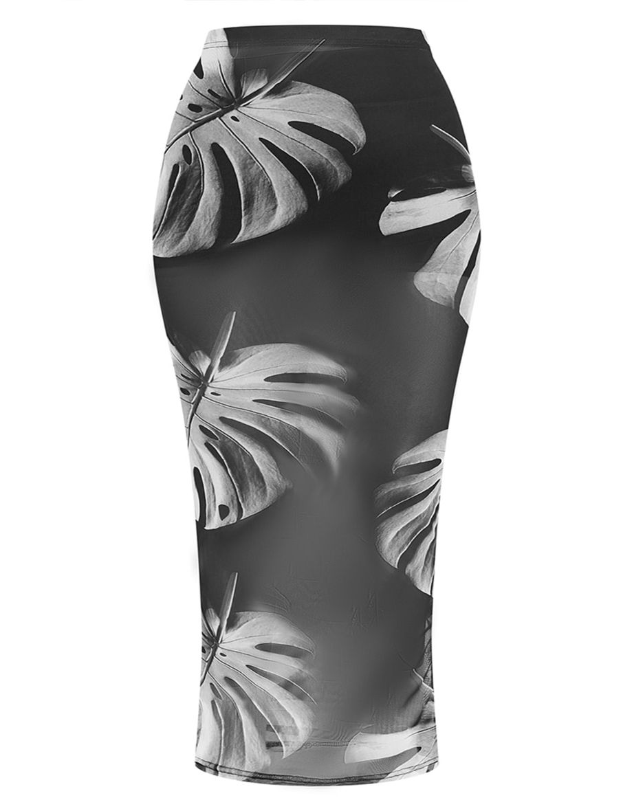 Plus Monochrome Palm Leaf Print Mesh Maxi Skirt - 3