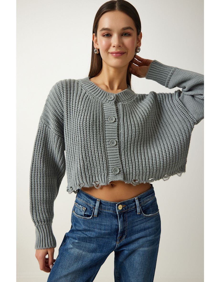 Women's Stone Ripped Detailed Buttoned Crop Knitwear Cardigan