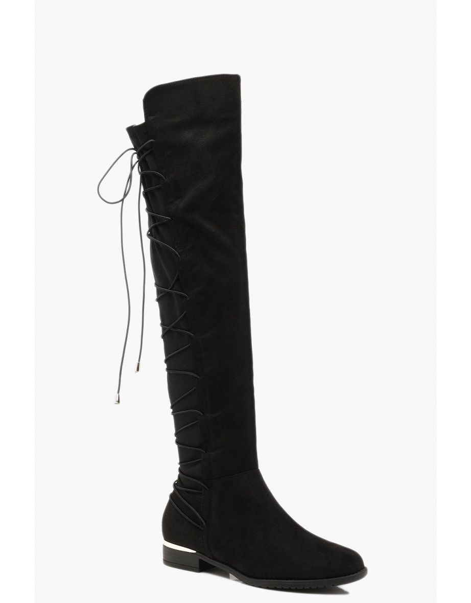 Bungee Lace Back Knee High Boots - black