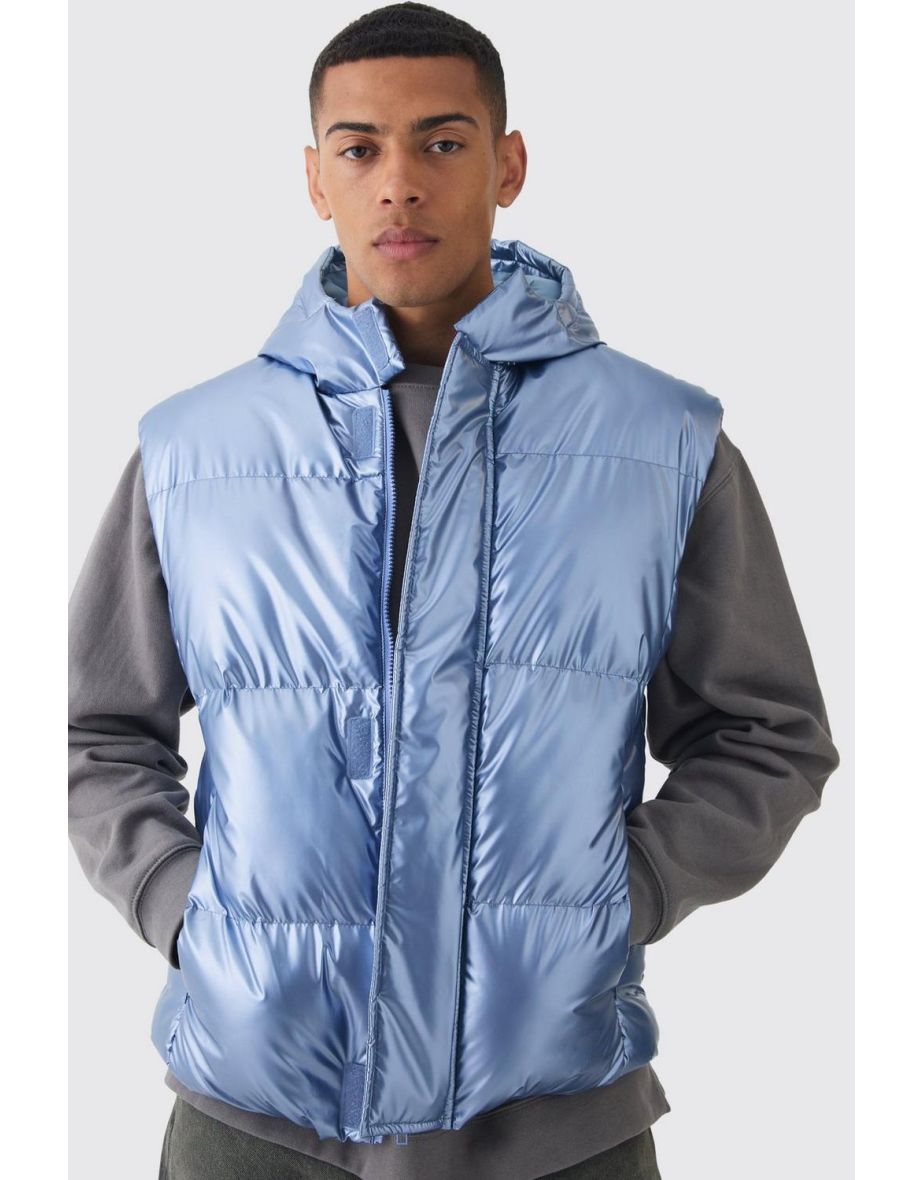 Metallic Hooded Puffer Gilet In Light Blue