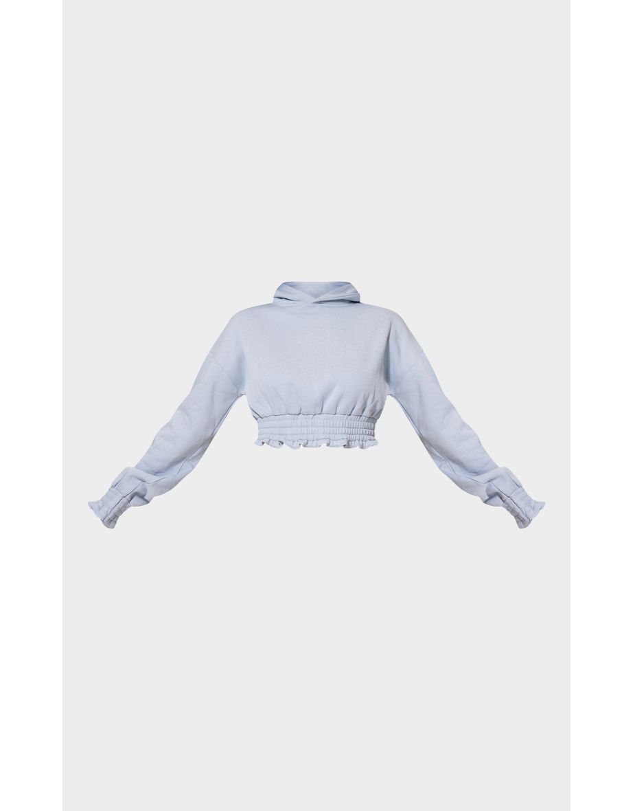 Baby Blue Frill Hem Cropped Hoodie - 4