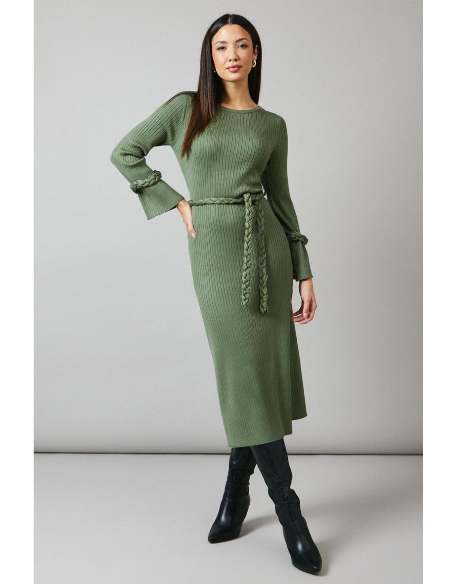 Plaited Ribbed Belted Midi Dress