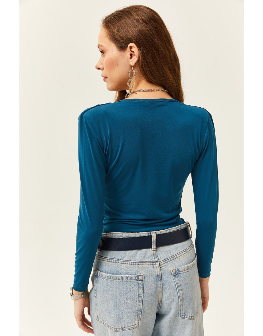 Women's Petrol Blue Waistband Pleated Turndown Collar Blouse - 5