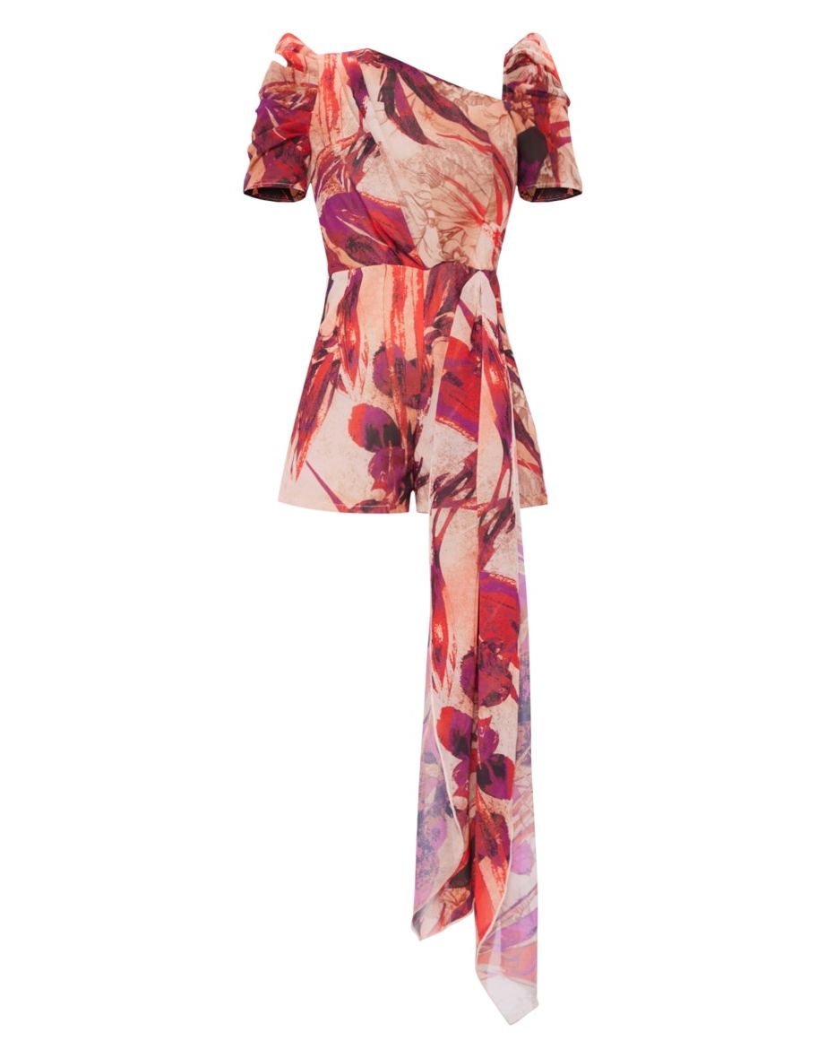 Red Floral Asymmetric Neck Drape Detail Playsuit - 4