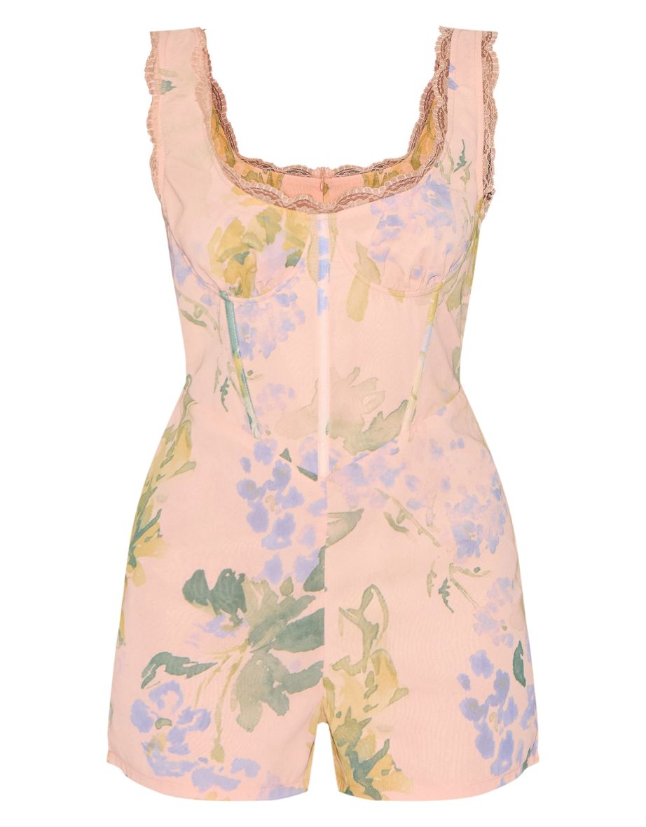 Lemon Floral Printed Chiffon Corset Detail Playsuit - 4