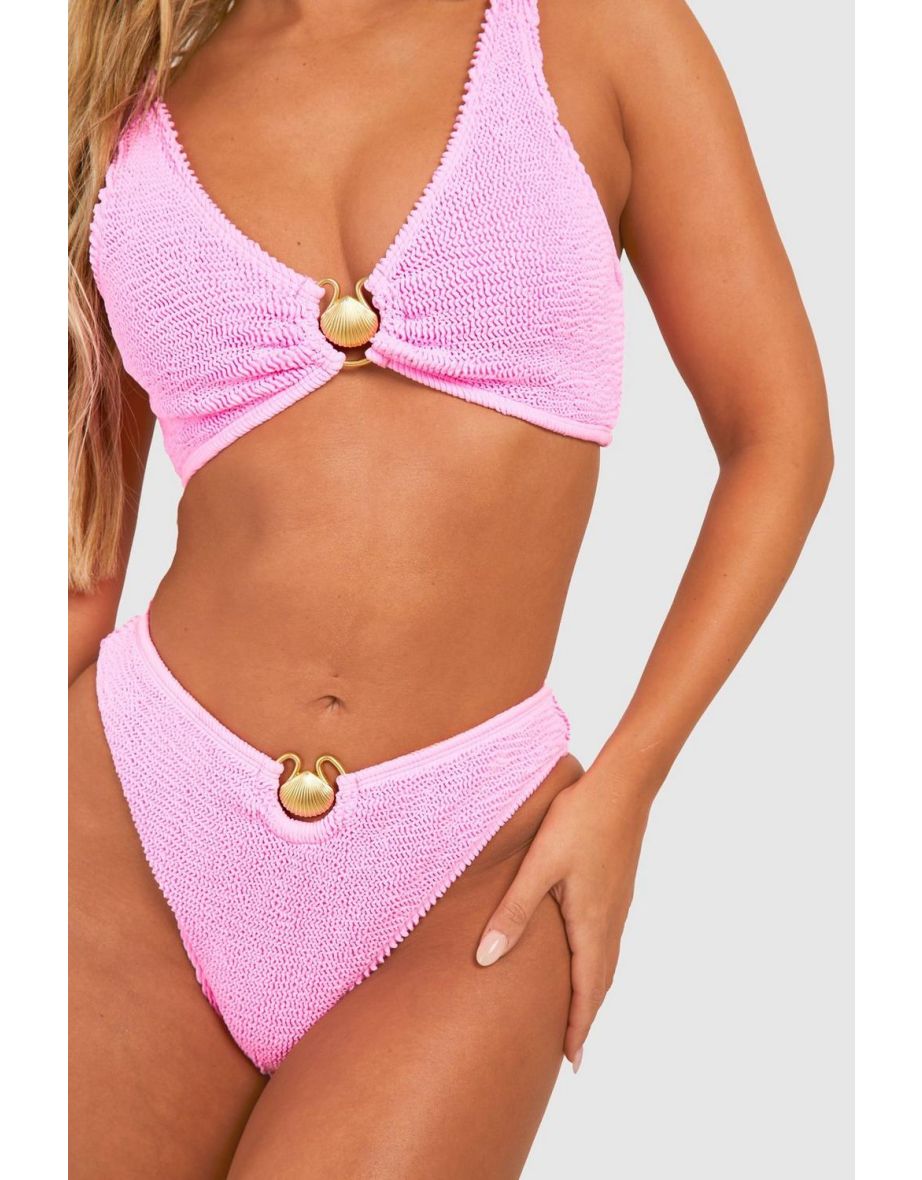 Shell Trim Crinkle High Waist Bikini Brief - candy pink - 2