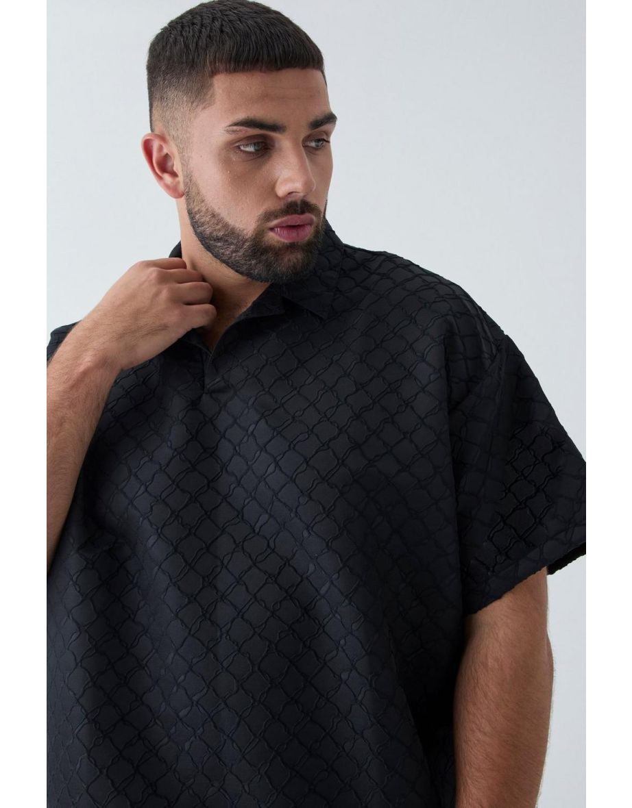 Plus 3D Texture Revere Polo Shirt - black - 2