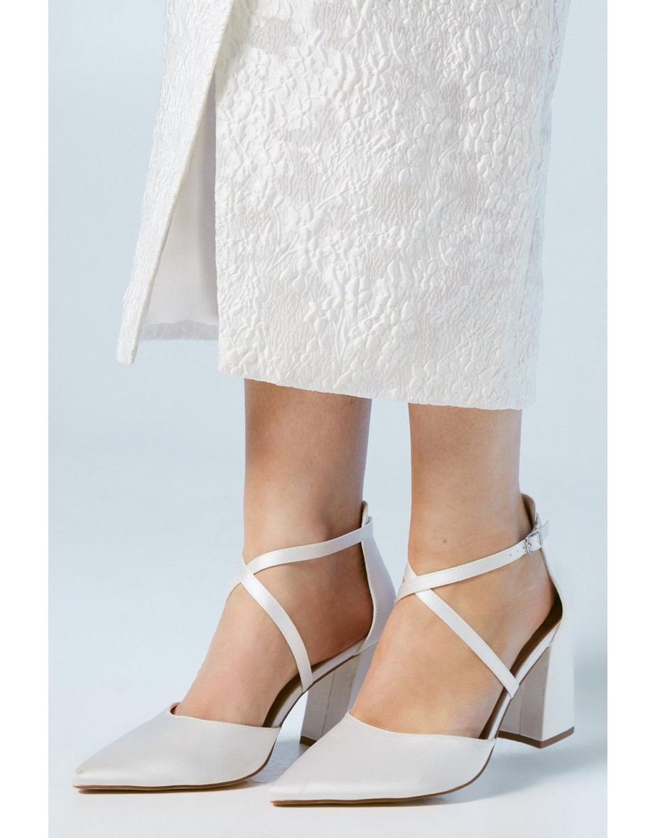 Wide Fit Bridal Treat Satin Cross Strap Pointed Block Heel Court Shoes