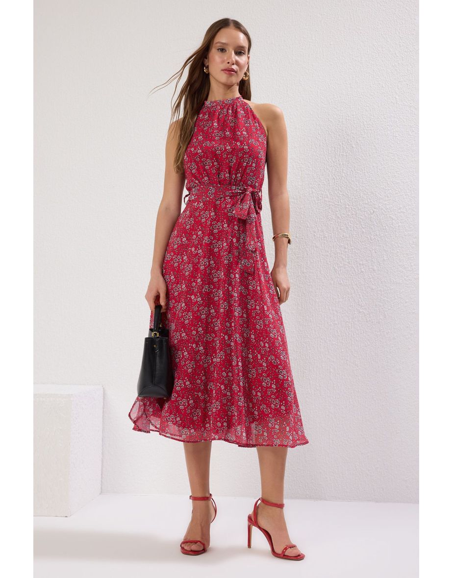 Pink Floral Halter Neck A-Line Midi Skater Dress