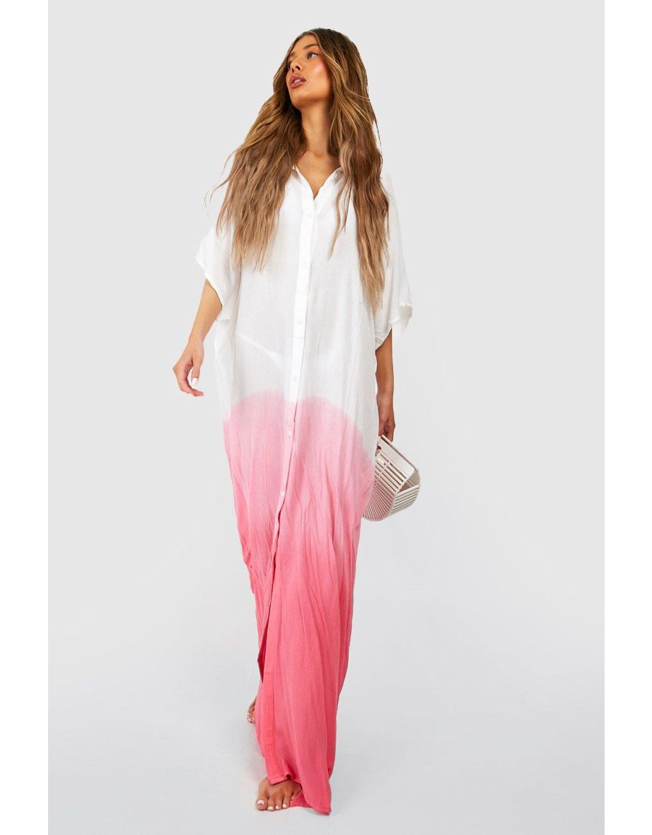 Crinkle Ombre Maxi Cover Up Beach Kimono - pink