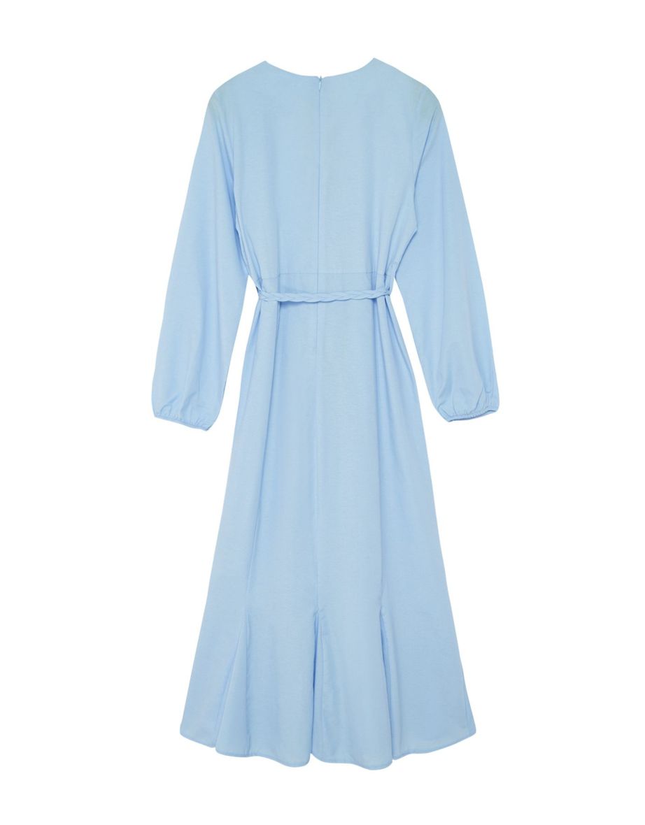 Blue Belted Woven Cotton Dress - 6