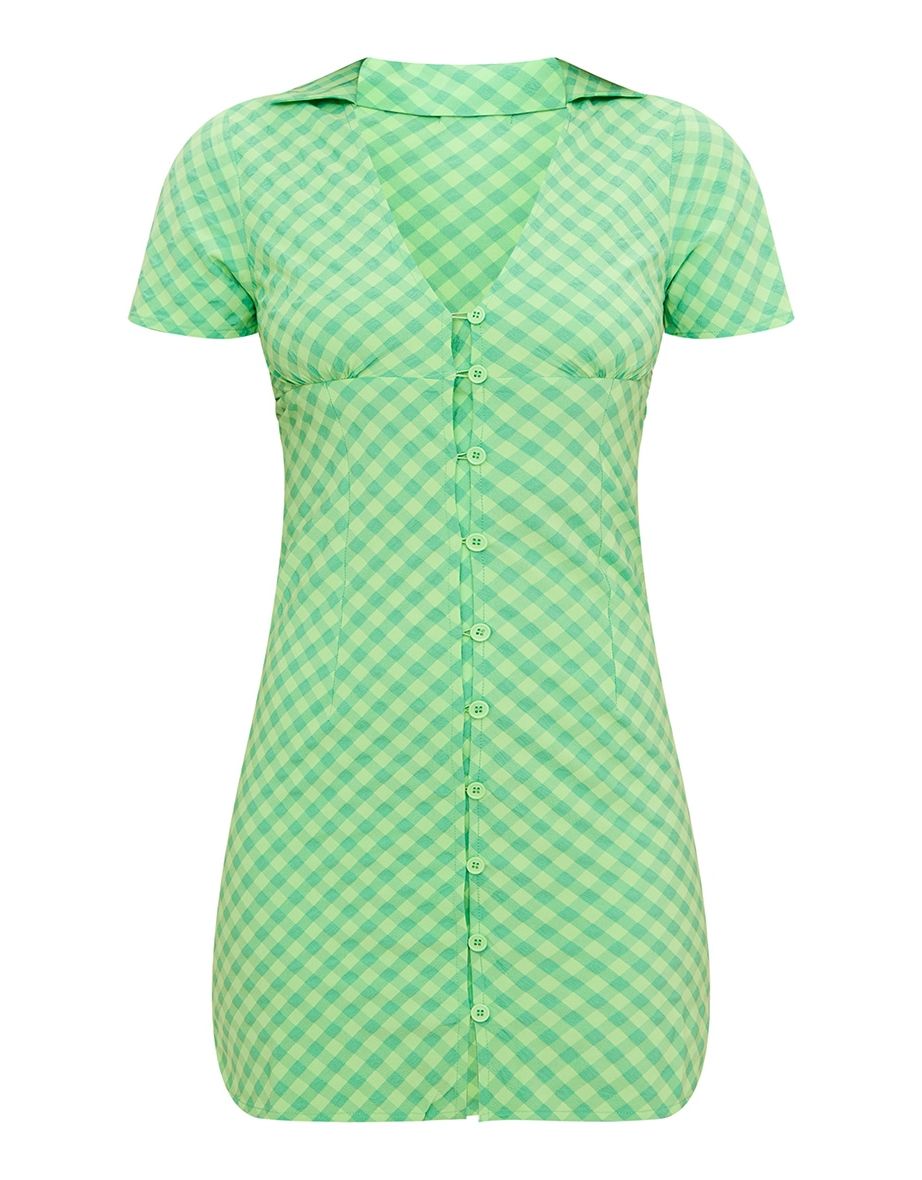 Green Check Print Button Down Polo Collar Bodycon Dress - 4